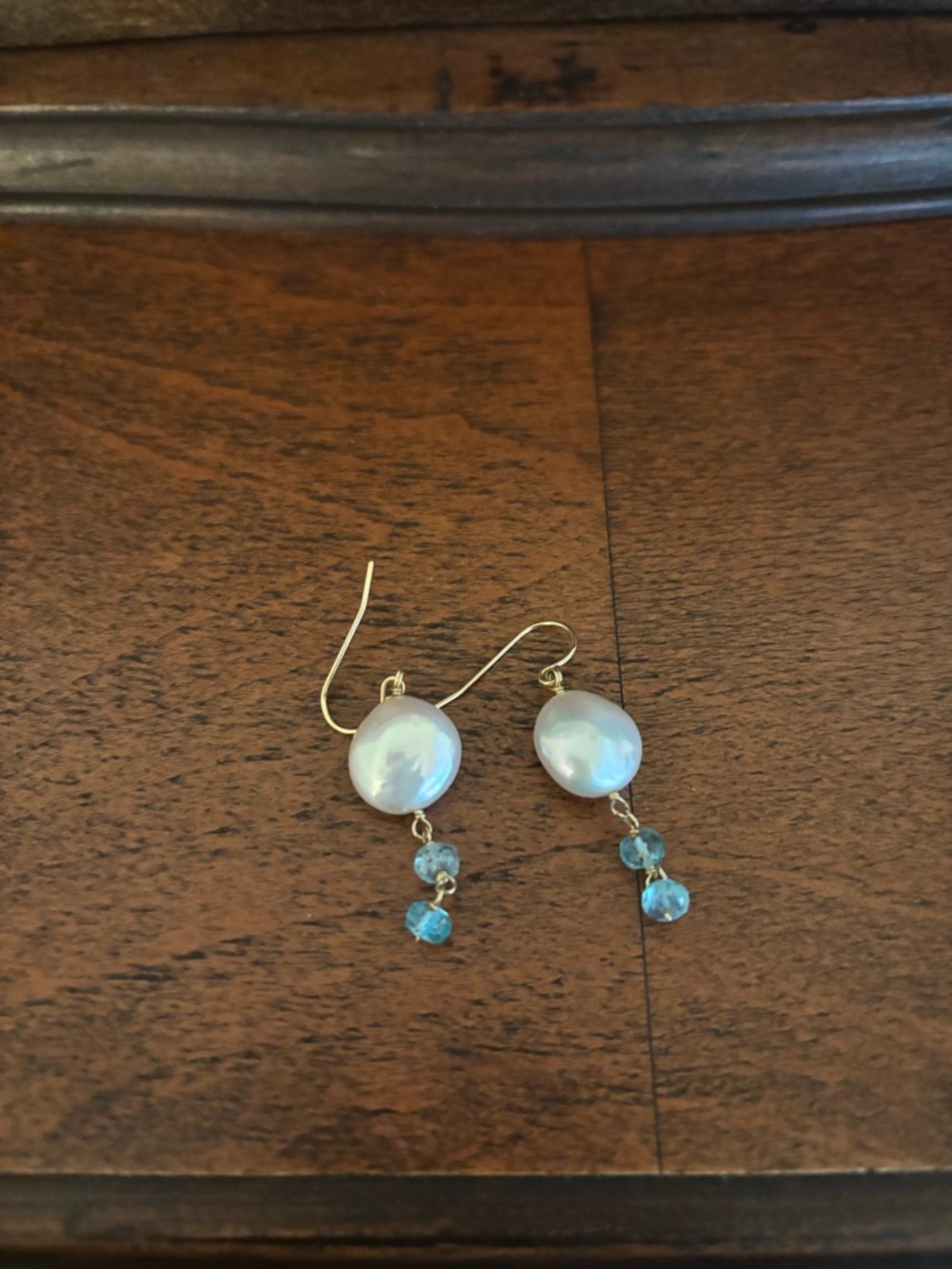 Gold Pearl Drop Earrings with apatite gemstones